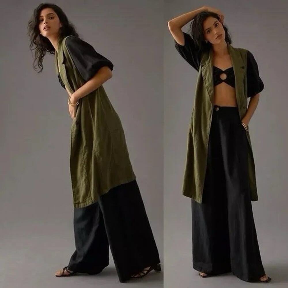Anthropologie Olive Green Linen Blend Long Duster Vest Boho Lagenlook Womens Lrg